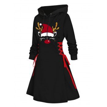 Robe courte trapèze à manches longues et capuche à lacets et motif élan de Noël
