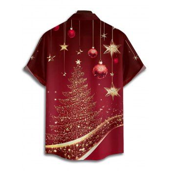 Christmas Tree Ball Star Allover Print Belted Mini Dress And Short Sleeve Button Up Shirt Matching Outfit