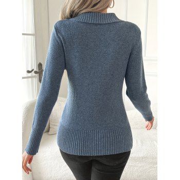 Solid Color Pullover Button Decor Ribbed Trim Elegant Long-Sleeve Knit Sweater