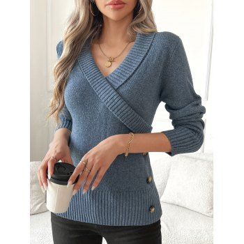 Solid Color Pullover Button Decor Ribbed Trim Elegant Long-Sleeve Knit Sweater 