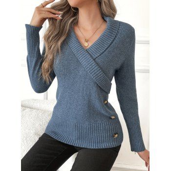 Solid Color Pullover Button Decor Ribbed Trim Elegant Long-Sleeve Knit Sweater 