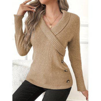 Solid Color Pullover Button Decor Ribbed Trim Elegant Long-Sleeve Knit Sweater 