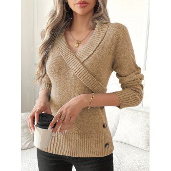 Solid Color Pullover Button Decor Ribbed Trim Elegant Long-Sleeve Knit Sweater 
