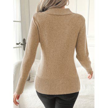 Solid Color Pullover Button Decor Ribbed Trim Elegant Long-Sleeve Knit Sweater 