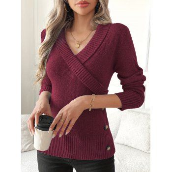 Solid Color Pullover Button Decor Ribbed Trim Elegant Long-Sleeve Knit Sweater 