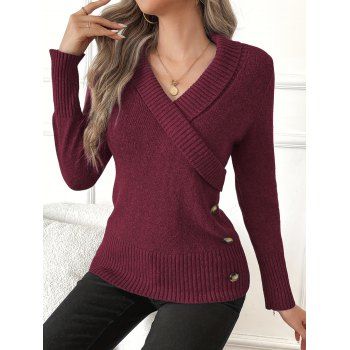 Solid Color Pullover Button Decor Ribbed Trim Elegant Long-Sleeve Knit Sweater 
