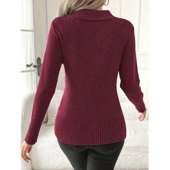 Solid Color Pullover Button Decor Ribbed Trim Elegant Long-Sleeve Knit Sweater 