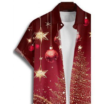 Christmas Tree Ball Star Allover Print Short Sleeve Turndown Collar Button Up Shirt