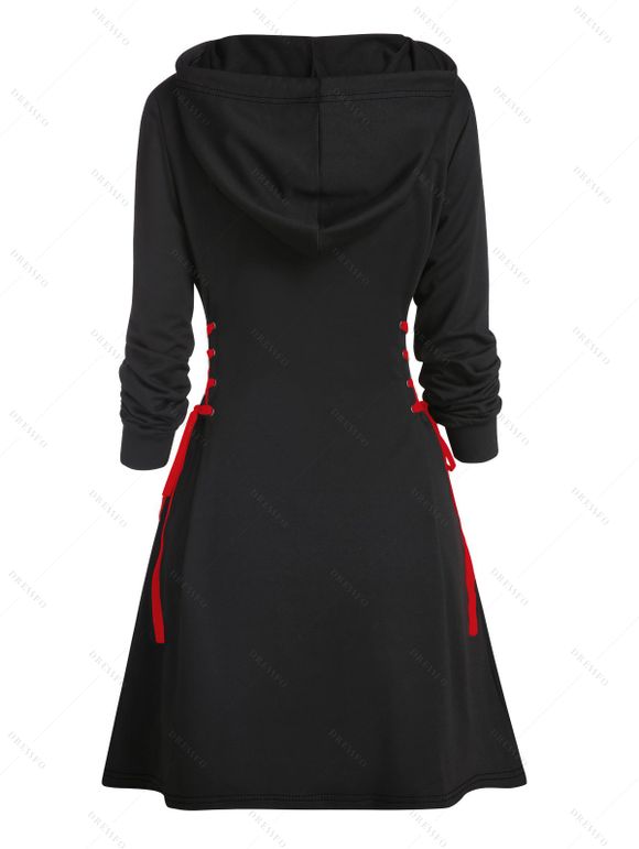 Robe courte trapèze à manches longues et capuche à lacets et motif élan de Noël - Noir S | US 4