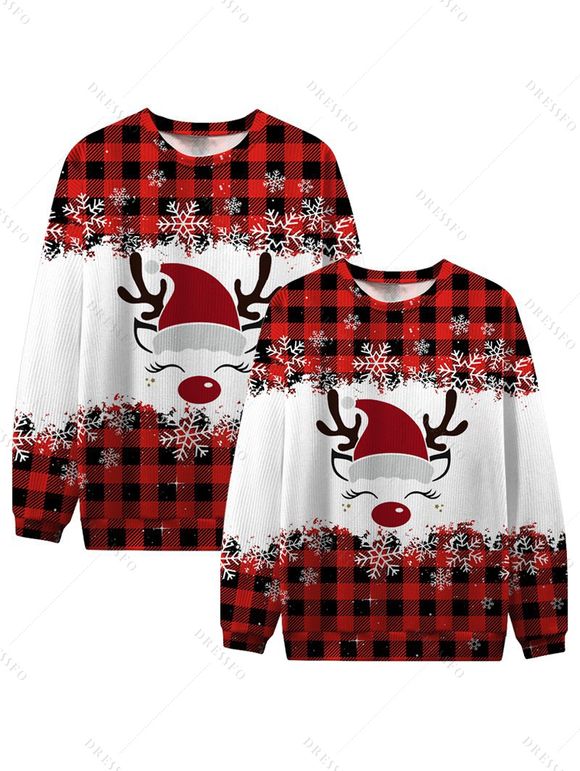 Christmas Cute Elk Snowflake Plaid Print Contrast Color Sweatshirt Two Piece Couple Set - Rouge S | US 4