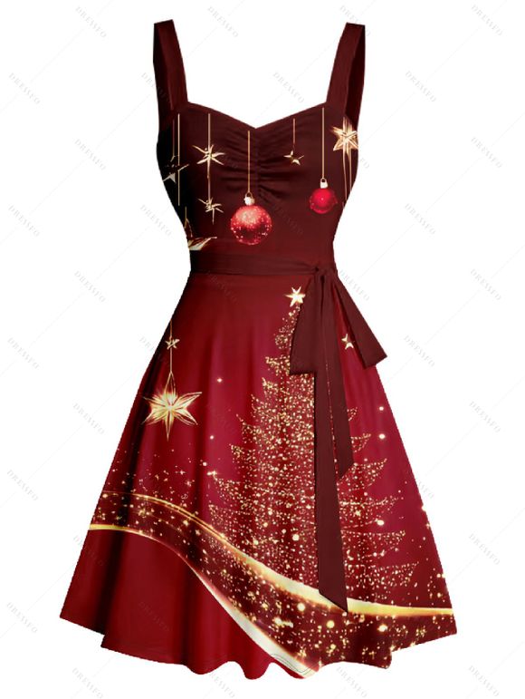 Mini Robe Ceinturée Sapin de Noël Imprimé - Rouge foncé S | US 4