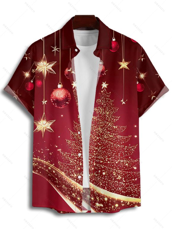 Chemise Arbre de Noël et Boule en Tissu Imprimé Boutonnée Manches Courtes à Col Relevé - Rouge foncé 5XL