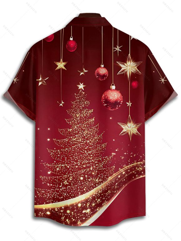Chemise Arbre de Noël et Boule en Tissu Imprimé Boutonnée Manches Courtes à Col Relevé - Rouge foncé XL