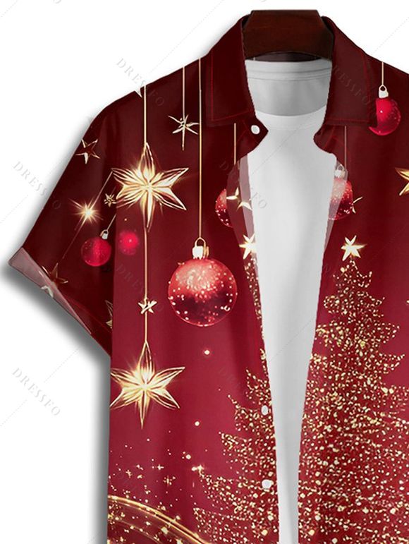 Chemise Arbre de Noël et Boule en Tissu Imprimé Boutonnée Manches Courtes à Col Relevé - Rouge foncé XL
