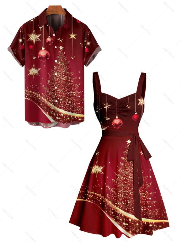 Christmas Tree Ball Star Allover Print Belted Mini Dress And Short Sleeve Button Up Shirt Matching Outfit - Rouge foncé S | US 4