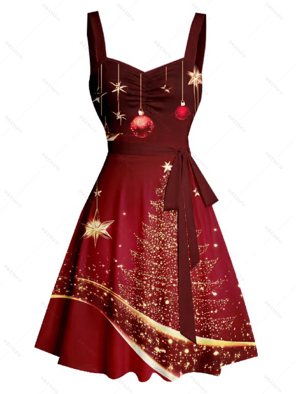 Christmas Tree Ball Star Allover Print Belted Mini Dress And Short Sleeve Button Up Shirt Matching Outfit - Rouge foncé S | US 4