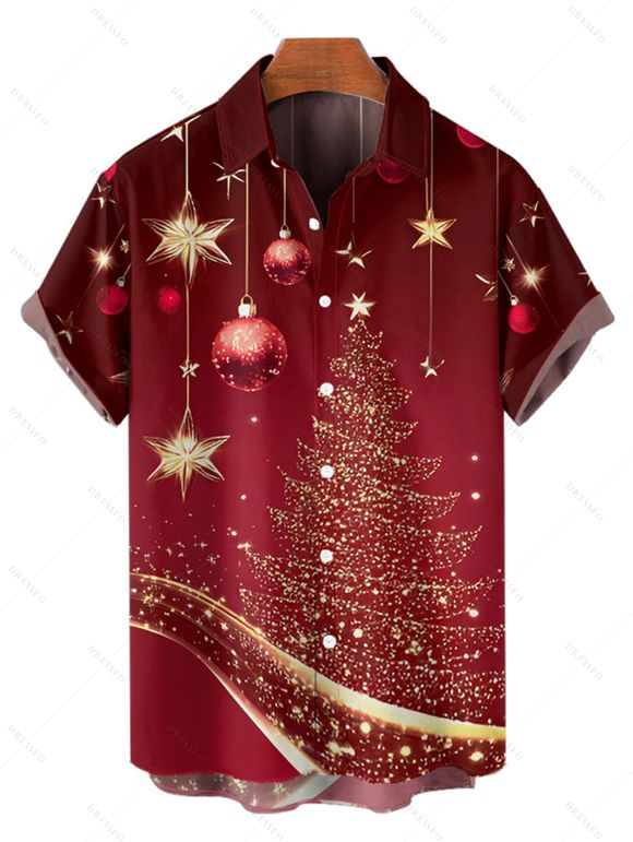 Christmas Tree Ball Star Allover Print Belted Mini Dress And Short Sleeve Button Up Shirt Matching Outfit - Rouge foncé S | US 4