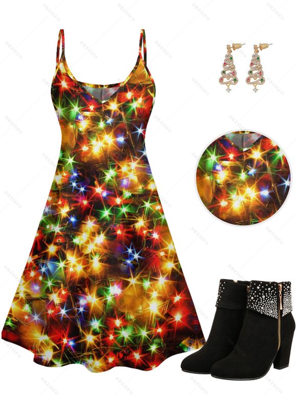 Christmas Shinny Star Print V Neck Spaghetti Strap Mini Dress And Rhinestones Chunky Heels Ankle Boots Faux Crystal Tree Cutout Earrings Outfit - multicolor S | US 4