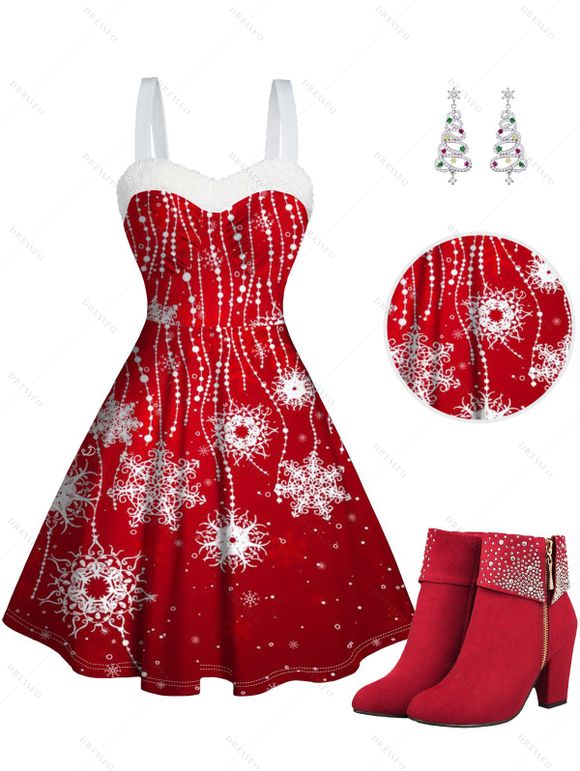 Christmas Snowflake Allover Print Faux Fur Panel Mini Dress And Rhinestone Chunky Heel Ankle Boots Faux Crystal Cutout Earrings Outfit - Rouge S | US 4