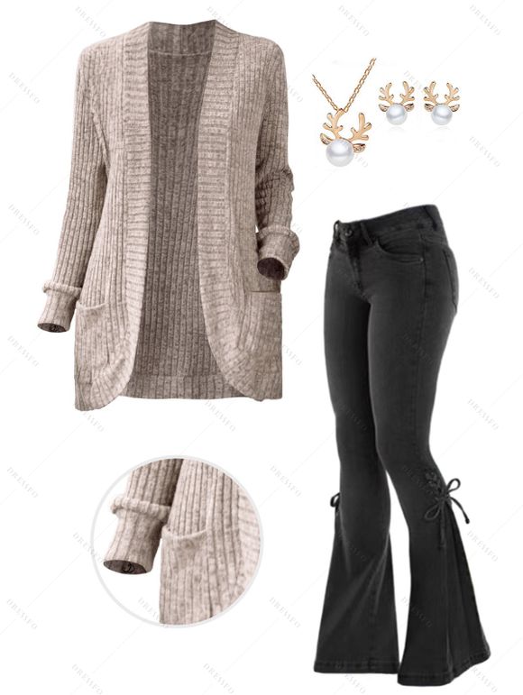 Ribbed Open Front Long Sleeve Cardigan And Lace Up Flare Jeans Christmas Elk Deer Faux Pearl Earrings Necklace Outfit - café lumière S | US 4