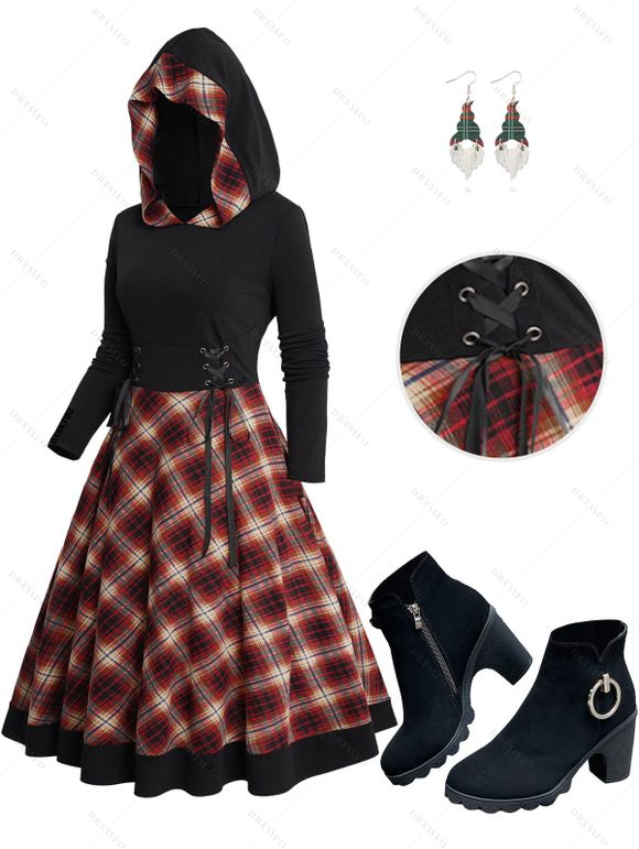 Plaid Print Hooded Lace Up Midi Dress And Chunky Heel Side Zipper Ankle Boots Christmas Hat Drop Earrings Outfit - Noir S | US 4