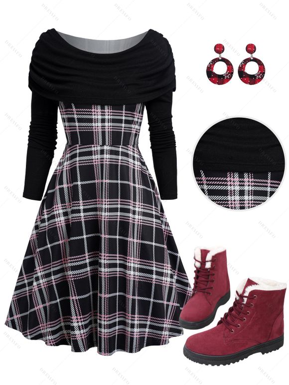 Plaid Print Off the Shoulder Turn Down Collar Cinched Shoulder Dress And Fleece-Lined Lace Up Snow Boots Drop Earrings Outfit - Noir S | US 4