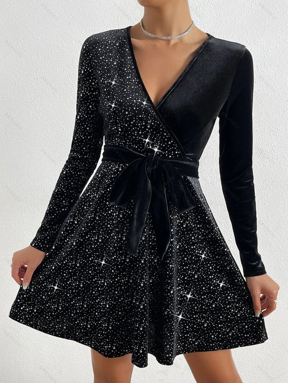 Mini Robe Ceinturée en Couleur Unie à Manches Longues en Velours à Paillettes - Noir XXL | US 12