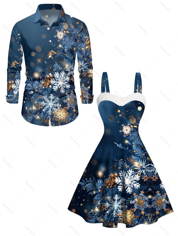 Christmas Snowflake Light Point Print Mini Dress and Turn Down Collar Casual Button-up Shirt Outfit - Bleu de Minuit S | US 4