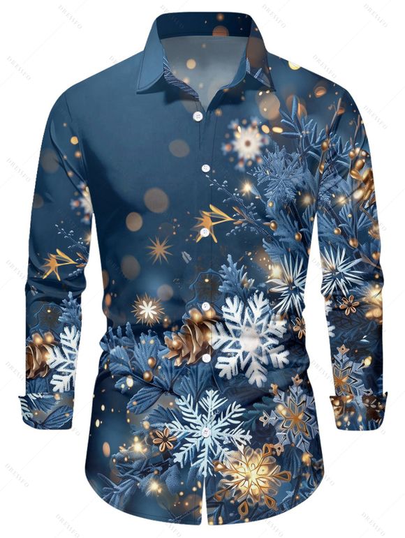 Chemise Décontractée Flocon de Neige et Lumière Imprimés Manches Longues à Col Relevé - Bleu de Minuit L