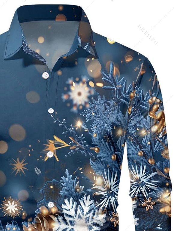 Chemise Décontractée Flocon de Neige et Lumière Imprimés Manches Longues à Col Relevé - Bleu de Minuit 5XL
