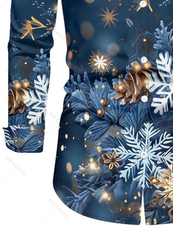 Chemise Décontractée Flocon de Neige et Lumière Imprimés Manches Longues à Col Relevé - Bleu de Minuit 5XL