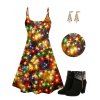 Christmas Shinny Star Print V Neck Spaghetti Strap Mini Dress And Rhinestones Chunky Heels Ankle Boots Faux Crystal Tree Cutout Earrings Outfit - multicolor S | US 4