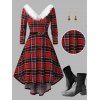 Christmas Plaid Print Faux Fur Panel Plunge Neck High Low Dress And Mid-Heel Knit Ankle Boots Drop Earrings Outfit - Rouge foncé S | US 4