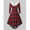 Christmas Plaid Print Faux Fur Panel Plunge Neck High Low Dress And Mid-Heel Knit Ankle Boots Drop Earrings Outfit - Rouge foncé S | US 4