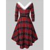 Christmas Plaid Print Faux Fur Panel Plunge Neck High Low Dress And Mid-Heel Knit Ankle Boots Drop Earrings Outfit - Rouge foncé S | US 4