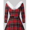 Christmas Plaid Print Faux Fur Panel Plunge Neck High Low Dress And Mid-Heel Knit Ankle Boots Drop Earrings Outfit - Rouge foncé S | US 4