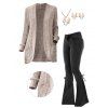 Ribbed Open Front Long Sleeve Cardigan And Lace Up Flare Jeans Christmas Elk Deer Faux Pearl Earrings Necklace Outfit - café lumière S | US 4