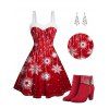 Christmas Snowflake Allover Print Faux Fur Panel Mini Dress And Rhinestone Chunky Heel Ankle Boots Faux Crystal Cutout Earrings Outfit - Rouge S | US 4