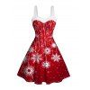 Christmas Snowflake Allover Print Faux Fur Panel Mini Dress And Rhinestone Chunky Heel Ankle Boots Faux Crystal Cutout Earrings Outfit - Rouge S | US 4