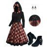 Plaid Print Hooded Lace Up Midi Dress And Chunky Heel Side Zipper Ankle Boots Christmas Hat Drop Earrings Outfit - Noir S | US 4