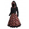 Plaid Print Hooded Lace Up Midi Dress And Chunky Heel Side Zipper Ankle Boots Christmas Hat Drop Earrings Outfit - Noir S | US 4