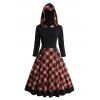 Plaid Print Hooded Lace Up Midi Dress And Chunky Heel Side Zipper Ankle Boots Christmas Hat Drop Earrings Outfit - Noir S | US 4