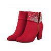 Christmas Snowflake Allover Print Faux Fur Panel Mini Dress And Rhinestone Chunky Heel Ankle Boots Faux Crystal Cutout Earrings Outfit - Rouge S | US 4