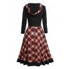 Plaid Print Hooded Lace Up Midi Dress And Chunky Heel Side Zipper Ankle Boots Christmas Hat Drop Earrings Outfit - Noir S | US 4