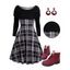 Plaid Print Off the Shoulder Turn Down Collar Cinched Shoulder Dress And Fleece-Lined Lace Up Snow Boots Drop Earrings Outfit - Noir S | US 4