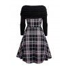 Plaid Print Off the Shoulder Turn Down Collar Cinched Shoulder Dress And Fleece-Lined Lace Up Snow Boots Drop Earrings Outfit - Noir S | US 4