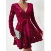 Mini Robe Ceinturée en Couleur Unie à Manches Longues en Velours à Paillettes - Rouge foncé S | US 4