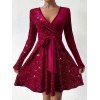 Mini Robe Ceinturée en Couleur Unie à Manches Longues en Velours à Paillettes - Rouge foncé S | US 4