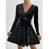 Mini Robe Ceinturée en Couleur Unie à Manches Longues en Velours à Paillettes - Noir XXL | US 12