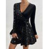 Mini Robe Ceinturée en Couleur Unie à Manches Longues en Velours à Paillettes - Noir XXL | US 12